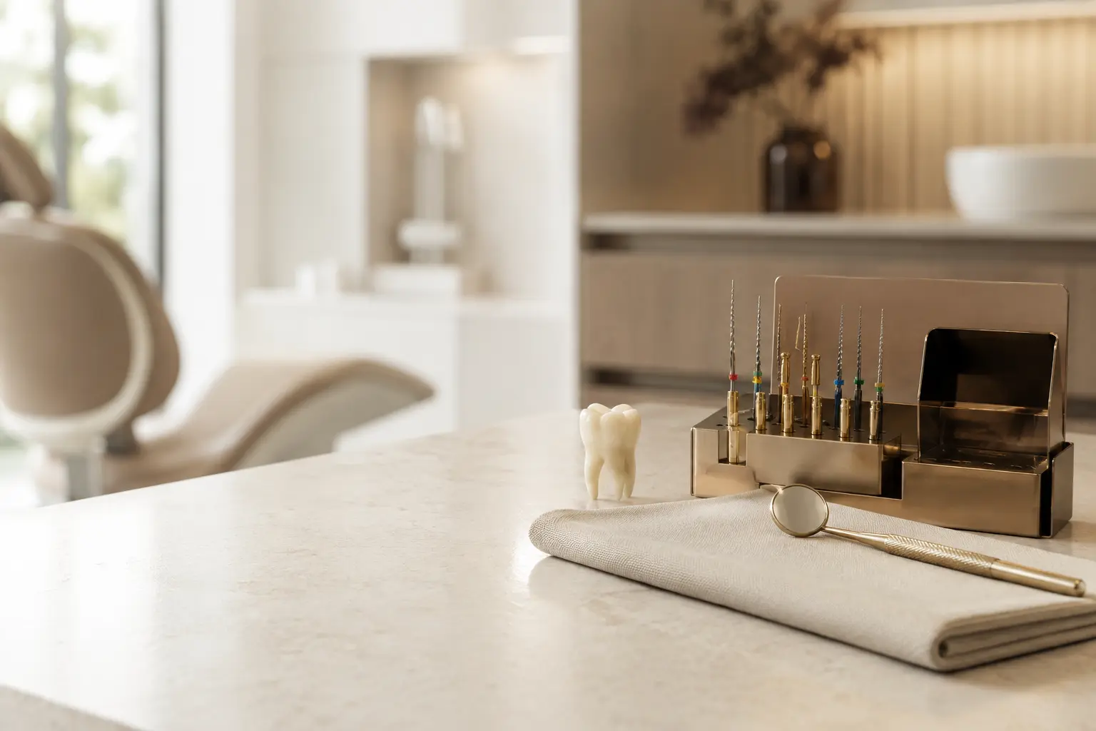 Endodontic instruments and tooth demonstration model in a clinic setting