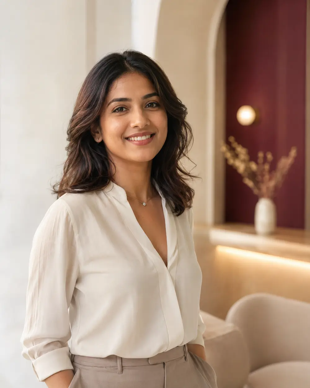Smiling woman in a warm contemporary interior